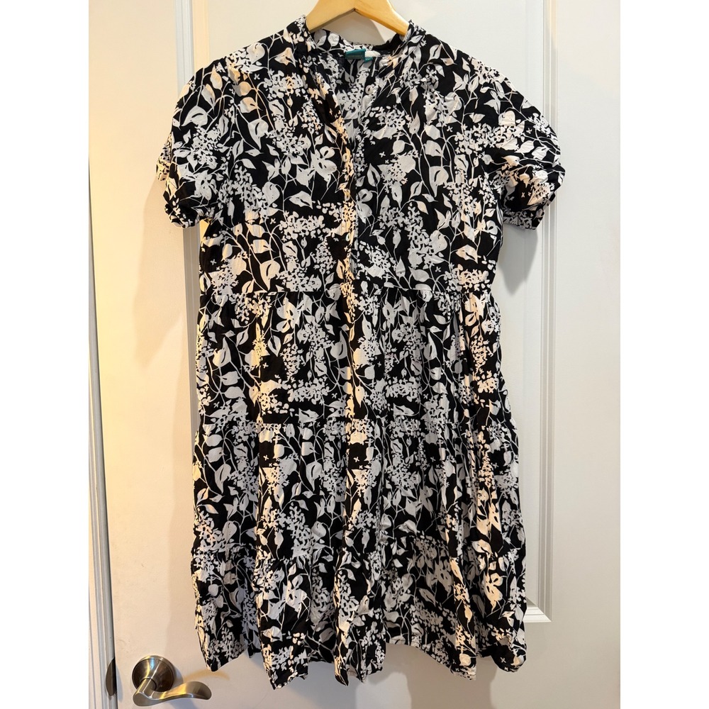 Aller Simplement Womens XXL Black White Floral Tiered Button Down Mini Dress